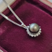 Load image into Gallery viewer, 18ct White Gold Black Pearl and Diamond Cluster Pendant side, in box
