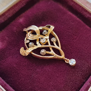 Art Nouveau French 14k Gold Diamond Pendant in box