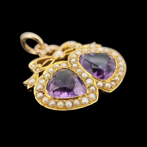 Antique 18ct Gold Amethyst and Seed Pearl Double Heart Pendant