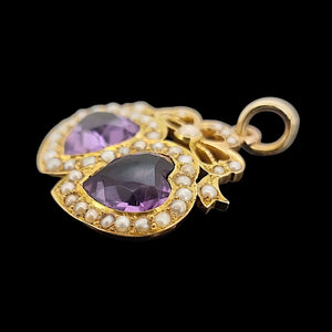 Antique 18ct Gold Amethyst and Seed Pearl Double Heart Pendant
