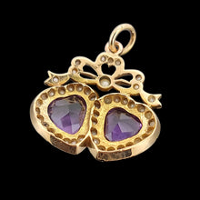 Load image into Gallery viewer, Antique 18ct Gold Amethyst and Seed Pearl Double Heart Pendant
