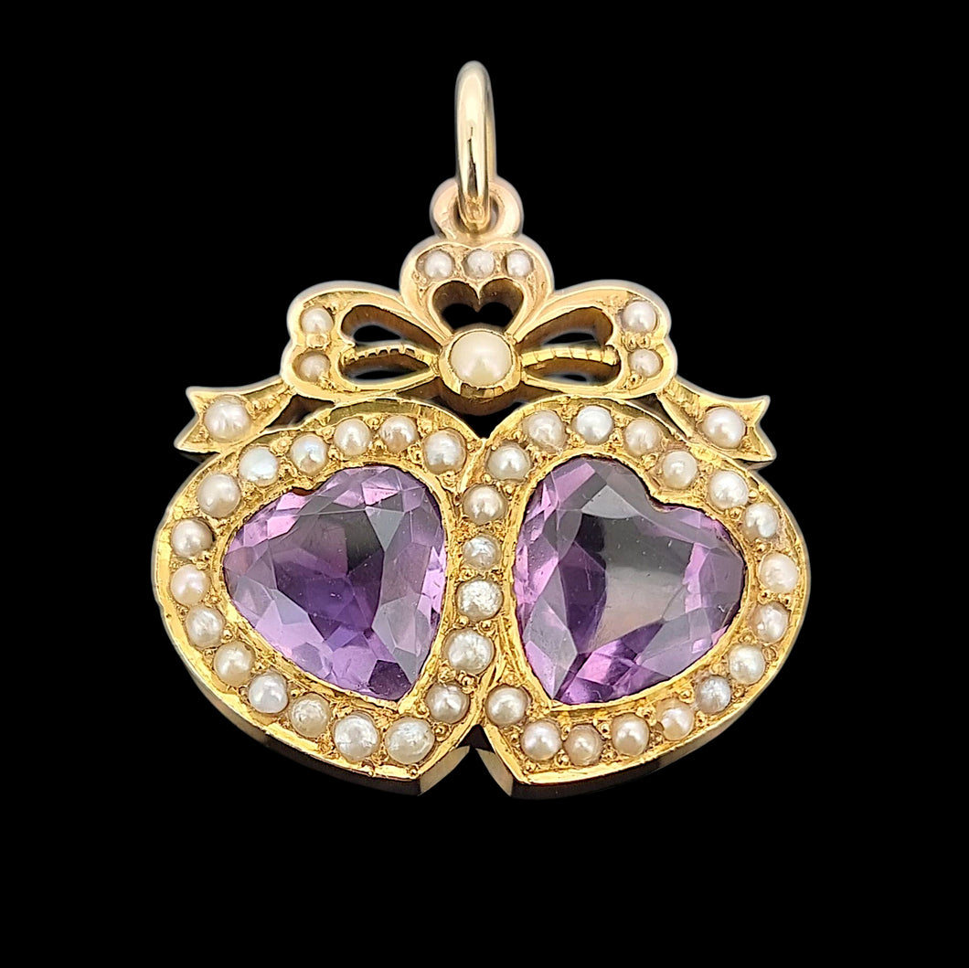 Antique 18ct Gold Amethyst and Seed Pearl Double Heart Pendant