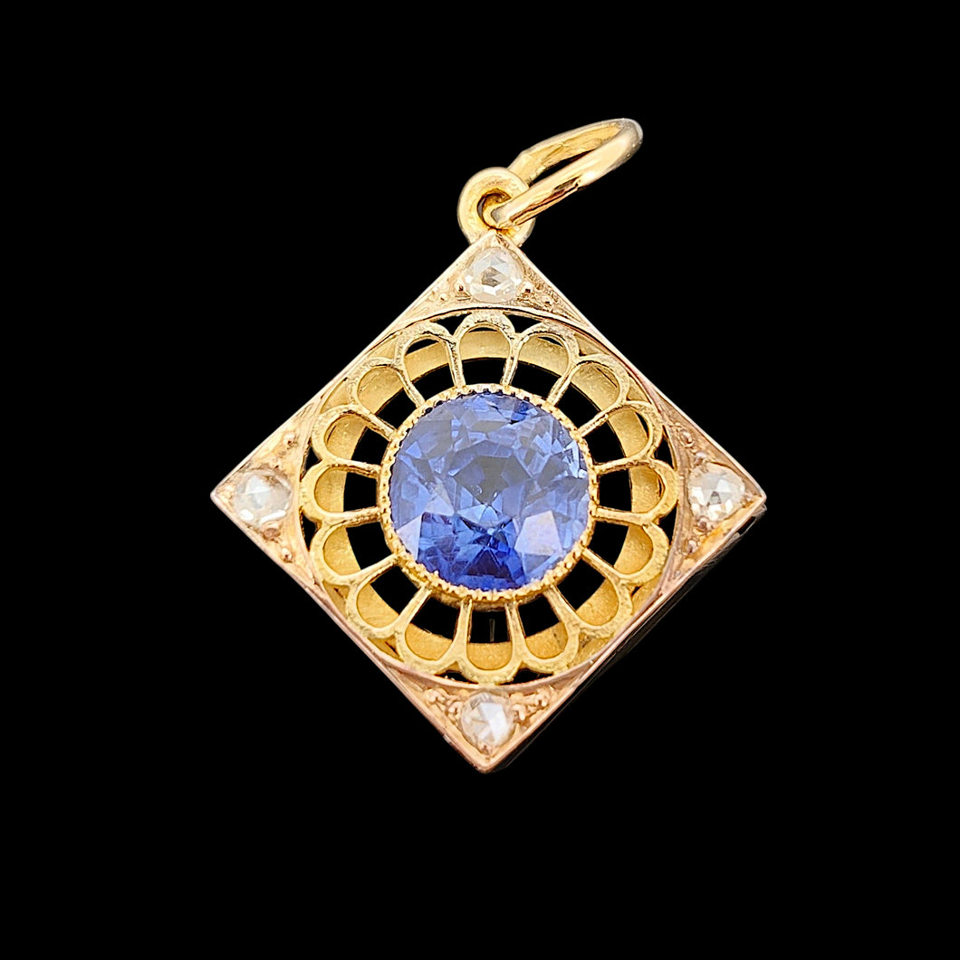 Antique 15ct Gold Sapphire and Rose Cut Diamond Pendant