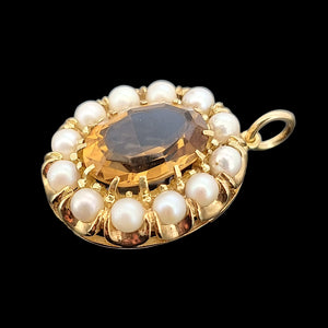 Antique 9ct Yellow Gold Citrine and Pearl Oval Cluster Pendant
