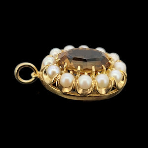 Antique 9ct Yellow Gold Citrine and Pearl Oval Cluster Pendant