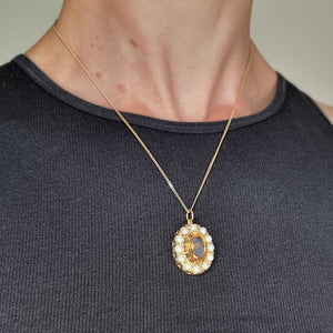 Antique 9ct Yellow Gold Citrine and Pearl Oval Cluster Pendant