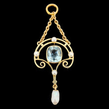 Load image into Gallery viewer, An aquamarine and pearl drop pendant in yellow gold
