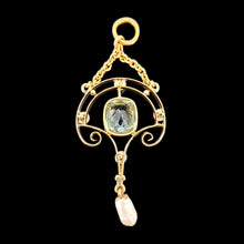Load image into Gallery viewer, An aquamarine and pearl drop pendant in yellow gold
