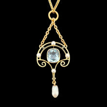 Load image into Gallery viewer, An aquamarine and pearl drop pendant in yellow gold, with a chain
