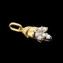 Load image into Gallery viewer, A yellow and white gold diamond set leaf shaped pendant, on a black background
