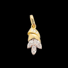 Load image into Gallery viewer, A yellow and white gold diamond set leaf shaped pendant, on a black background

