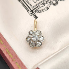 Load image into Gallery viewer, A flower shaped diamond cluster pendant in yellow gold and platinum, in an antique box
