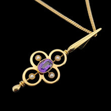 Load image into Gallery viewer, A yellow gold pendant with an oval amethyst and four white seed pearls, with a curb chain
