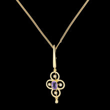 Load image into Gallery viewer, A yellow gold pendant with an oval amethyst and four white seed pearls, with a curb chain
