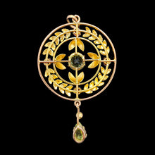 Load image into Gallery viewer, A peridot and amethyst yellow gold drop pendant
