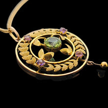 Load image into Gallery viewer, A peridot and amethyst yellow gold drop pendant, with a chain
