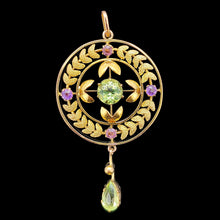 Load image into Gallery viewer, A peridot and amethyst yellow gold drop pendant
