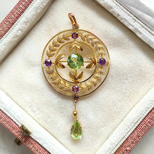 Load image into Gallery viewer, A peridot and amethyst yellow gold drop pendant, in an antique box
