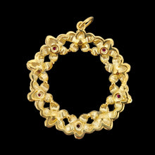 Load image into Gallery viewer, A yellow gold ruby and pearl flower open circle pendant, on a black background
