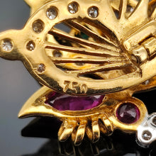 Load image into Gallery viewer, A yellow gold butterfly pendant with diamonds, rubies, a sapphire and an emerald, stamped 750
