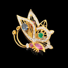 Load image into Gallery viewer, A yellow gold butterfly pendant with diamonds, rubies, a sapphire and an emerald
