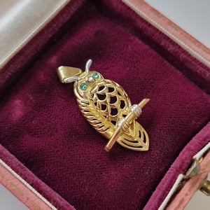 Vintage 18ct Gold Emerald Owl Pendant in box