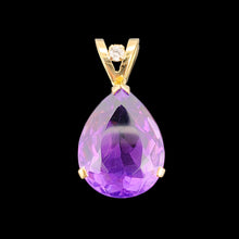 Load image into Gallery viewer, A pear shaped amethyst pendant with a single diamond in yellow gold, against a black background
