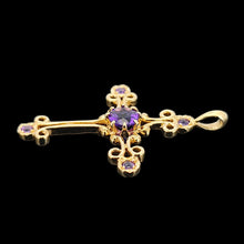 Load image into Gallery viewer, A fancy design cross pendant with five amethysts, on a black background
