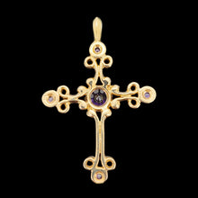 Load image into Gallery viewer, A fancy design cross pendant with five amethysts, on a black background
