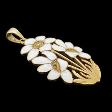 Load image into Gallery viewer, A white enamelled flower pendant, on a black background
