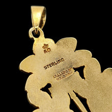 Load image into Gallery viewer, A flower shaped pendant, stamped AD STERLING MONSTER BESKYTTET, on a black background
