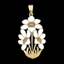 Load image into Gallery viewer, A white enamelled flower pendant, on a black background
