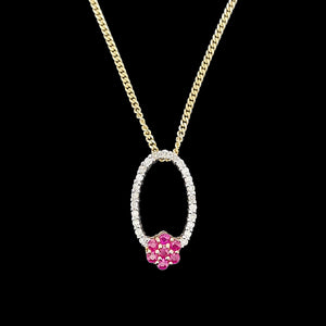 14K Yellow Gold Ruby and Diamond Cluster Pendant with Chain