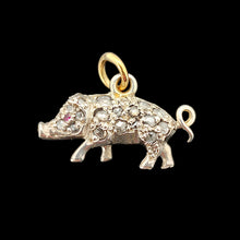 Load image into Gallery viewer, A diamond and ruby set silver pig charm with a gold jump ring
