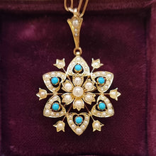 Load image into Gallery viewer, Antique 15ct Gold Turquoise and Seed Pearl Pendant/Brooch front, in box
