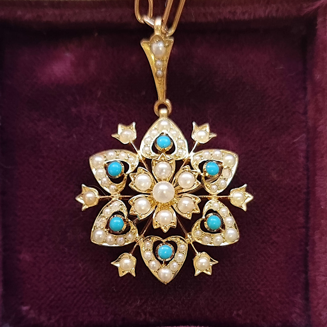 Antique 15ct Gold Turquoise and Seed Pearl Pendant/Brooch front, in box