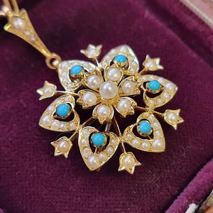 Antique 15ct Gold Turquoise and Seed Pearl Pendant/Brooch side in box