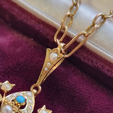 Load image into Gallery viewer, Antique 15ct Gold Turquoise and Seed Pearl Pendant/Brooch halter close-up
