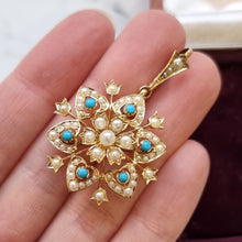 Load image into Gallery viewer, Antique 15ct Gold Turquoise and Seed Pearl Pendant/Brooch in hand
