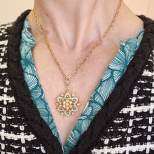 Load image into Gallery viewer, Antique 15ct Gold Turquoise and Seed Pearl Pendant/Brooch modelled with chain
