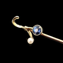 Load image into Gallery viewer, A sapphire and pearl tie pin in yellow gold, on a black background
