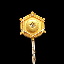 Load image into Gallery viewer, An antique diamond tie or stick pin in yellow gold, on a black background
