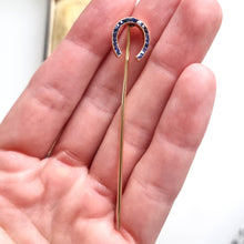 Load image into Gallery viewer, Victorian 9ct Gold Sapphire Horseshoe Tie/Stick Pin in hand
