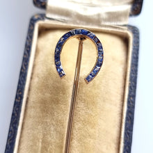 Load image into Gallery viewer, Victorian 9ct Gold Sapphire Horseshoe Tie/Stick Pin in box
