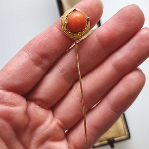 Antique 18ct & 14ct Gold Coral Tie/Stick Pin in hand