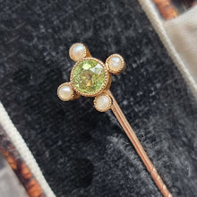 Load image into Gallery viewer, Antique 15ct &amp; 9ct Gold Peridot and Pearl Tie/Stick Pin head, front

