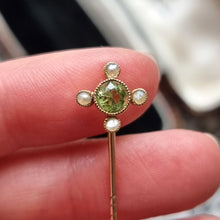 Load image into Gallery viewer, Antique 15ct &amp; 9ct Gold Peridot and Pearl Tie/Stick Pin in hand
