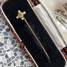 Load image into Gallery viewer, Antique 15ct &amp; 9ct Gold Peridot and Pearl Tie/Stick Pin in box
