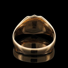 Load image into Gallery viewer, A yellow gold shield shaped signet ring, on a black background
