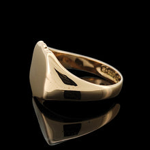 Load image into Gallery viewer, A yellow gold shield shaped signet ring, on a black background
